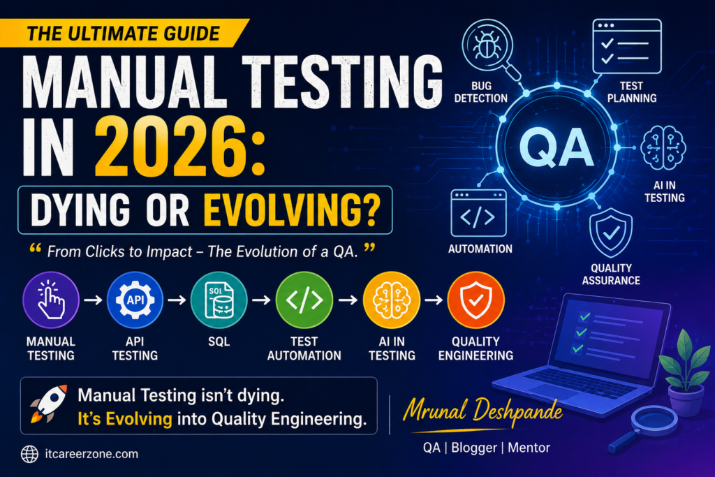 Manual Testing in 2026: QA career evolution from manual testing to API testing, SQL, test automation, AI testing, and quality engineering