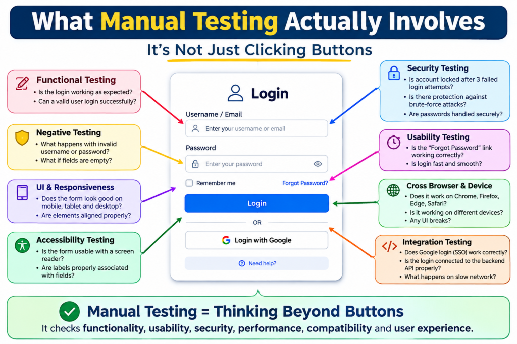 Manual testing example for a login page covering functional, negative, security, usability, accessibility and cross-browser testing.