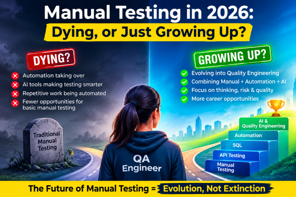 Manual testing in 2026 evolving toward API testing, SQL, automation, AI and quality engineering.