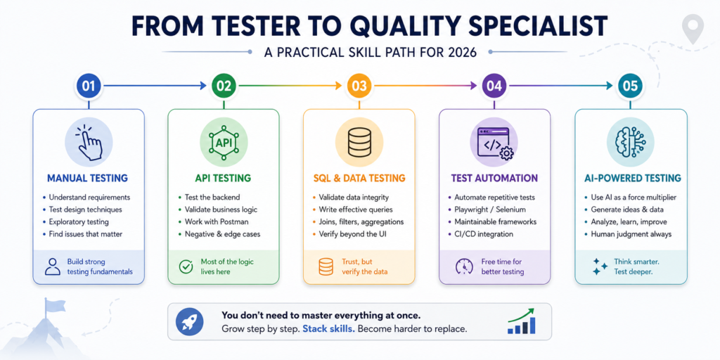 Manual tester skill roadmap from manual testing to API testing, SQL, automation and AI.