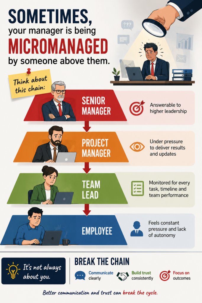 Micromanagement in IT showing how workplace pressure flows from senior manager to project manager, team lead, and employee
