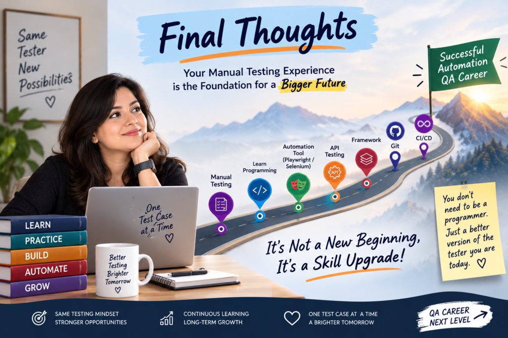 Manual testing to automation testing career journey with programming, Playwright, API testing, Git, and CI/CD