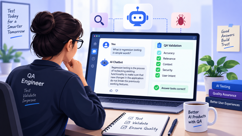QA Engineer testing an AI chatbot for accuracy, relevance, context, security, and user intent