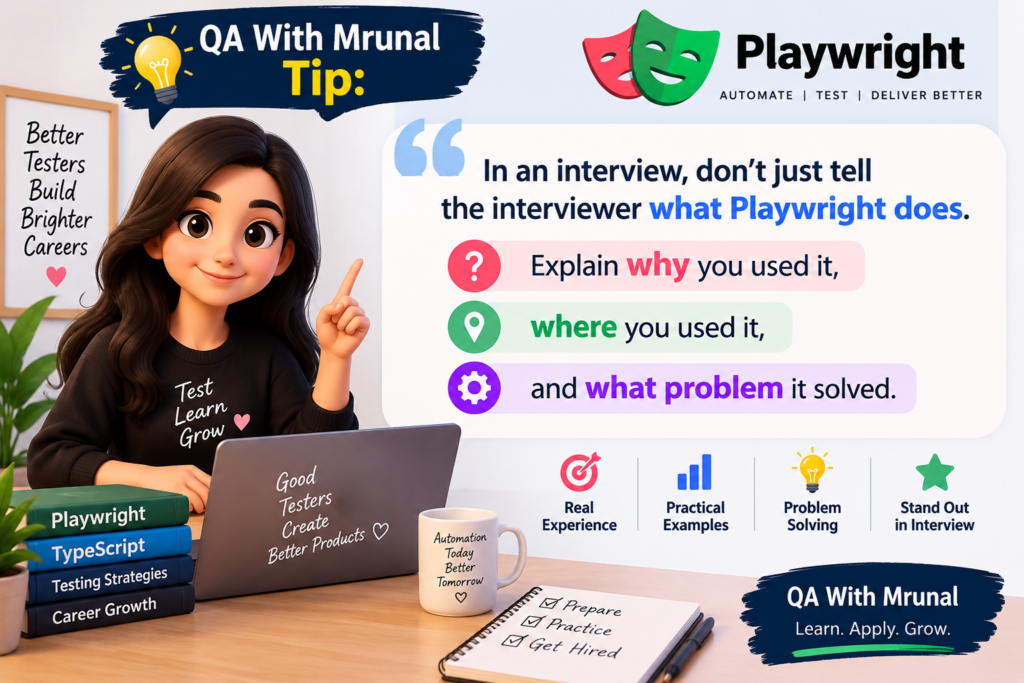 QA With Mrunal Playwright interview tip explaining why you used Playwright, where you used it, and what problem it solved.
