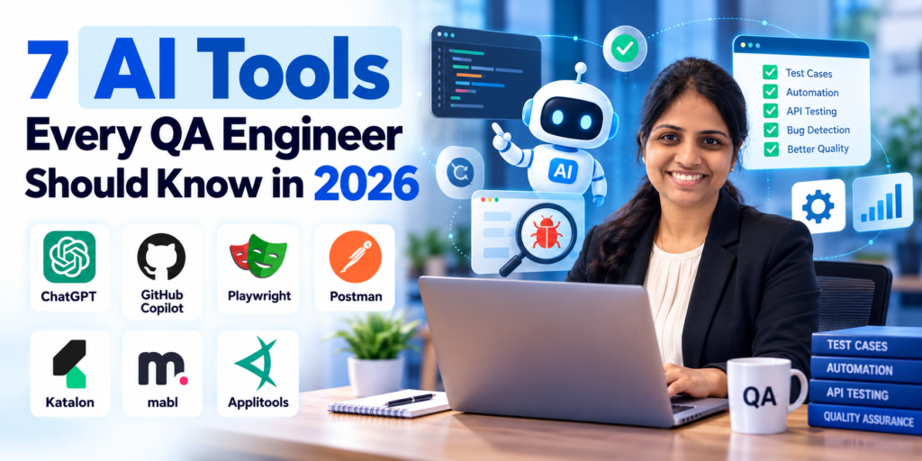 AI tools for QA engineers in 2026, including ChatGPT, GitHub Copilot, Playwright, Postman, Katalon, mabl, and Applitools