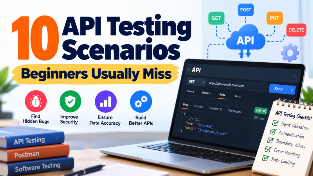 API testing scenarios for beginners showing API requests, response validation, and testing checklist