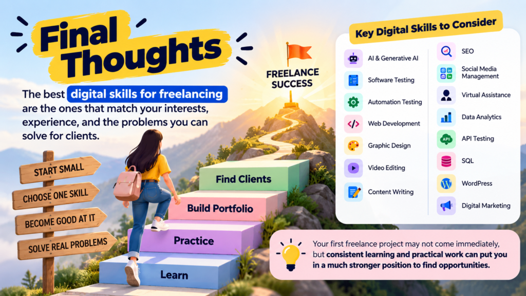 Final thoughts on digital skills for freelancing in 2026, showing key skills and a step-by-step path from learning to finding clients.