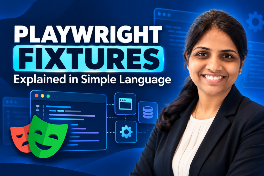 Professional tutorial cover explaining Playwright fixtures with code examples and a QA professional.